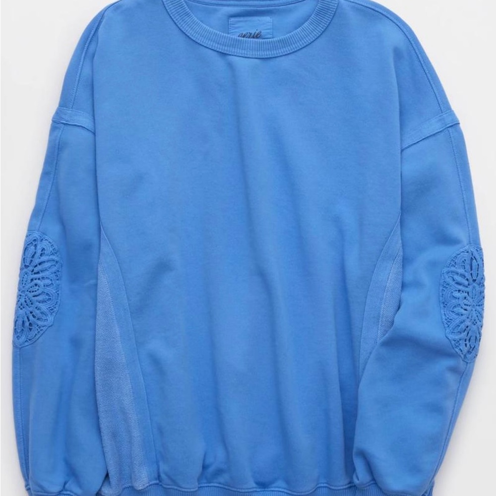 aerie Bright Blue Crewneck Sweatshirt with Crochet Elbow Patches